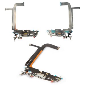 Шлейф для iPhone 13 Pro Max, коннектора зарядки, серый, с микрофоном, с компонентами, High Copy, silver