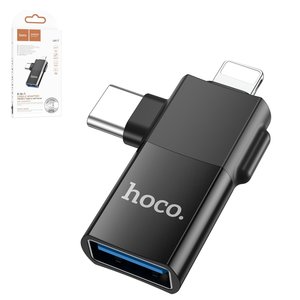 Адаптер Hoco UA17, USB тип C, USB тип A, Lightning, чорний, 2 in 1, #6942007602303