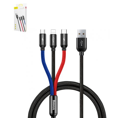 Cable USB Baseus Three Primary Colors, USB tipo A, USB tipo C, micro USB tipo B, Lightning, 120 cm, 3.5 A, negro, #CAMLT BSY01