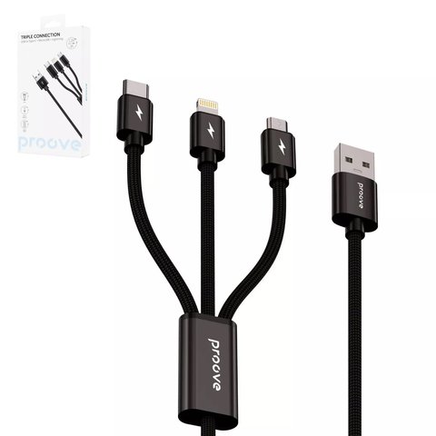 USB Cable Proove Triple Connection, USB type A, USB type C, micro USB type B, Lightning, 130 mm, 2 A, black, nylon braided, 3 in 1  #CCTC15001501