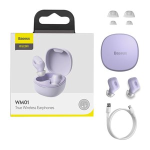 Headphone Baseus WM01, wireless, vacuum, purple, with charging case, with USB cable Type C  #NGTW240005 NGWM01 05