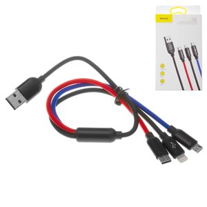 USB кабель Baseus Three Primary Colors, USB тип C, USB тип A, micro USB тип B, Lightning, 30 см, 3,5 А, чорний, передавання даних лише на Lightning, в нейлоновому обплетенні, 3 в 1, #CAMLT ASY01