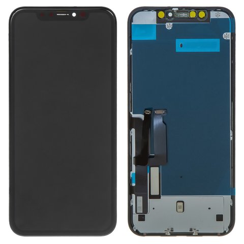 Дисплей для iPhone XR, чорний, із сенсорним екраном, з рамкою, AAA, Tianma, з пластиками камери та давача наближення