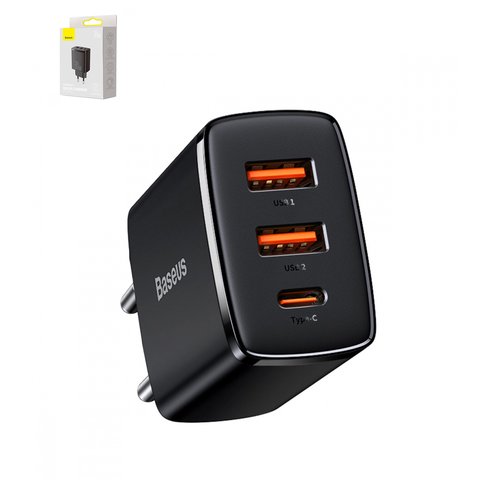 Мережевий зарядний пристрій Baseus Compact, 30 Вт, Quick Charge, чорний, 3 порта, #CCXJ E01