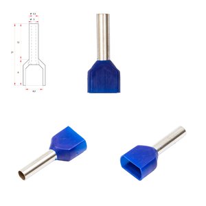Наконечник TE2512, для 2х проводів, трубчастий, ізольований, синій, 10 шт., 2,5 мм², 12 мм