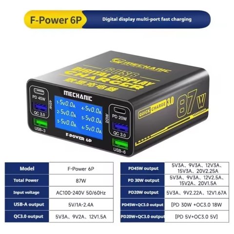 Мережевий зарядний пристрій Mechanic F Power 6P, 87 Вт, Quick Charge, Power Delivery PD , 6 портів