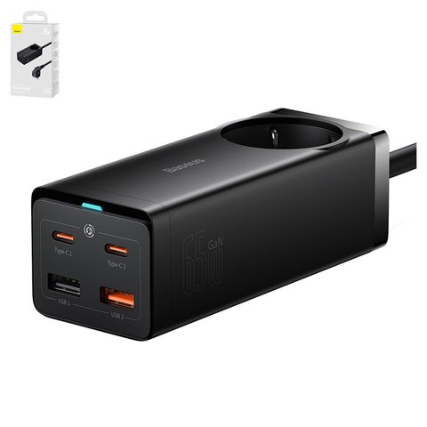 Сетевое зарядное устройство Baseus GaN3 Pro Desktop, 65 Вт, Quick Charge, 220 В, черный, с розеткой, c кабелем USB тип C к USB тип C, 4 порта, #PSZM000901